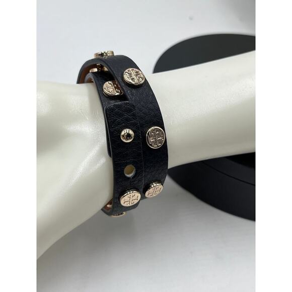 Tory Burch Designer Double Wrap Black Leather Gold Logo T Snap Bracelet - Picture 3 of 8